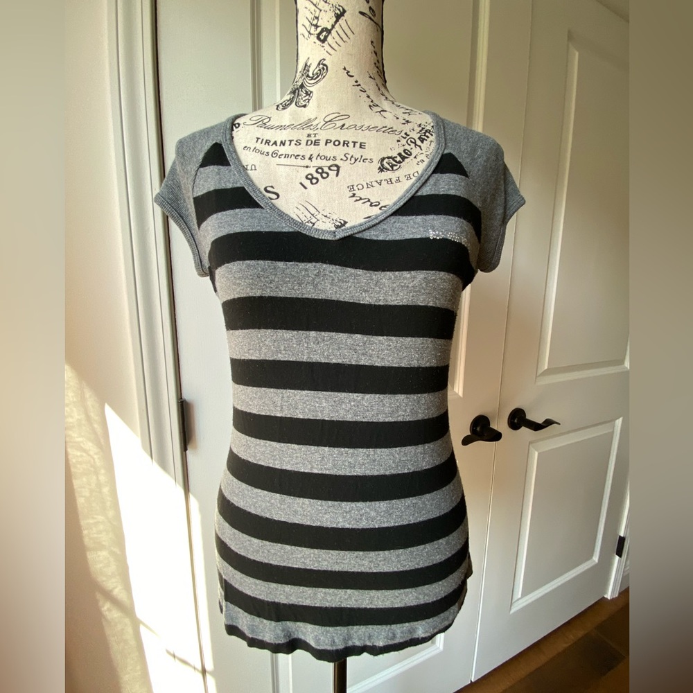 Bebe Black/Grey stripped short sleeve with rhinestones top. Size L